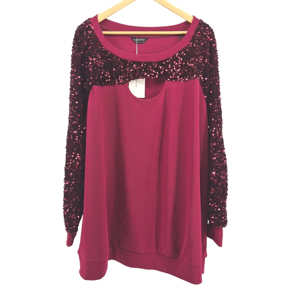 BLOOMCHIC Women Burgundy Sequin Sleeve Cutout Neck Top Plus Size 30 Holiday‎